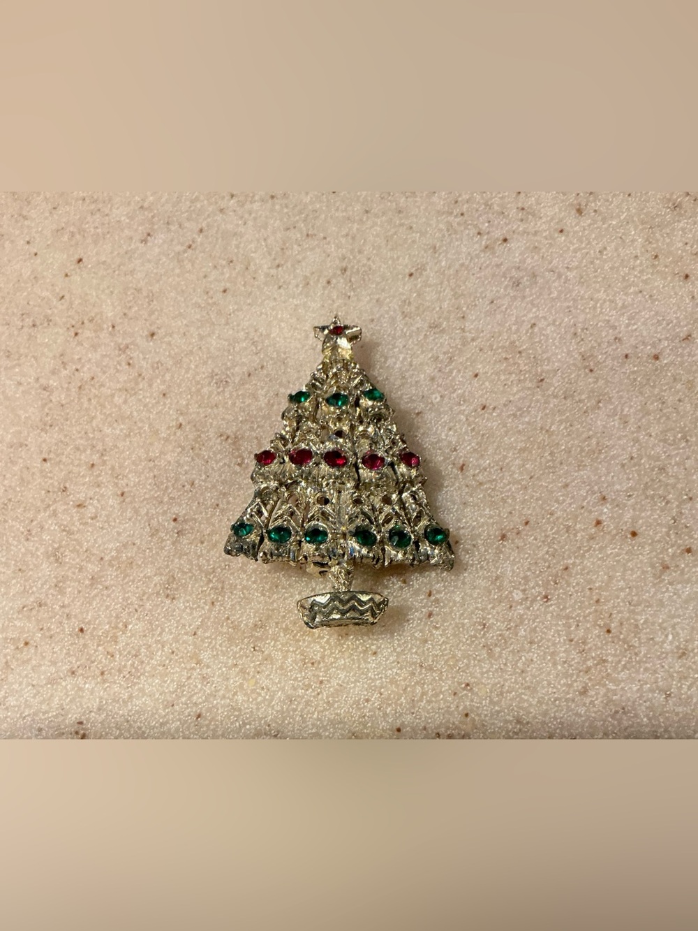 Gold-Tone Christmas Tree Brooch with Red and Green Stones